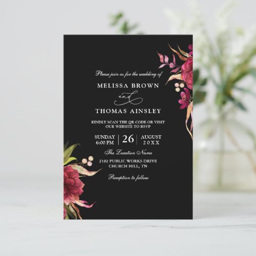 Elegant Burgundy Modern Budget QR Code Wedding Invitation