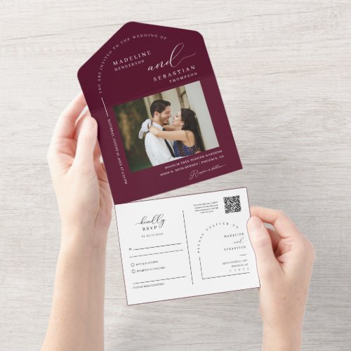 Elegant Burgundy Modern Minimal Arch QR Code Photo All In One Invitation