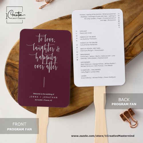 Elegant Burgundy Modern Minimal Wedding Program Hand Fan