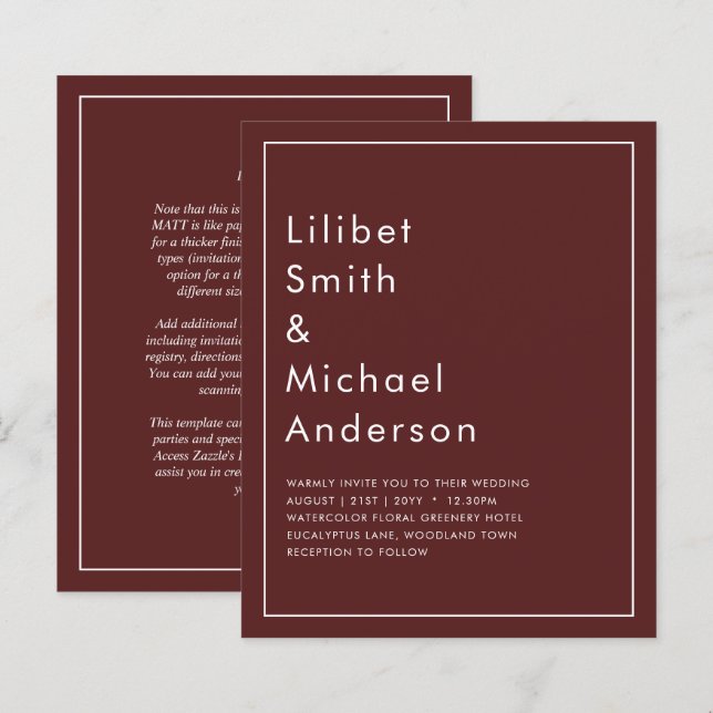 Elegant Burgundy Monochrome Wedding Simple Classic (Front/Back)