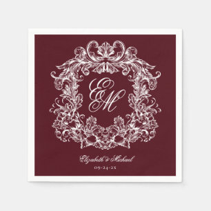 Elegant Burgundy Monogram Crest Script Wedding Napkins