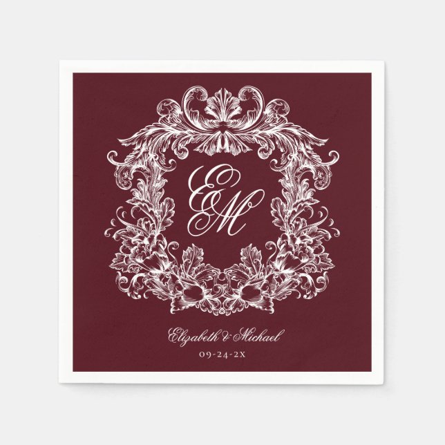 Elegant Burgundy Monogram Crest Script Wedding Napkins (Front)