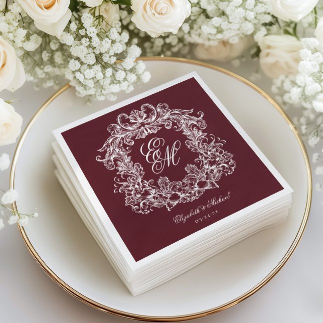 Elegant Burgundy Monogram Crest Script Wedding Napkins (Creator Uploaded)