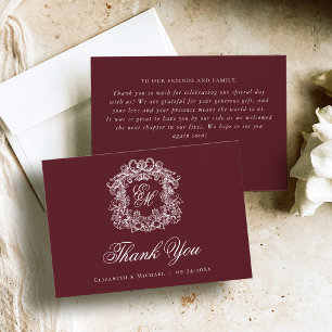 Elegant Burgundy Monogram Crest Vintage Wedding  Thank You Card