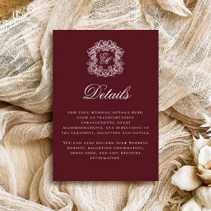 Elegant Burgundy Monogram Crest Wedding Details Enclosure Card