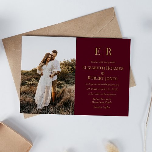 Elegant Burgundy Monogram Custom Photo Wedding  Invitation