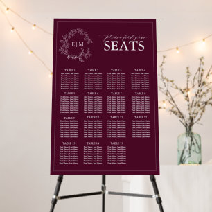 Elegant Burgundy Monogram Floral Seating Chart Foam Board
