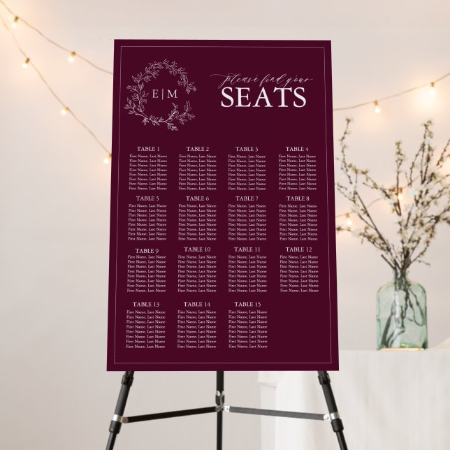 Elegant Burgundy Monogram Floral Seating Chart Foam Board (In Situ (Stand))
