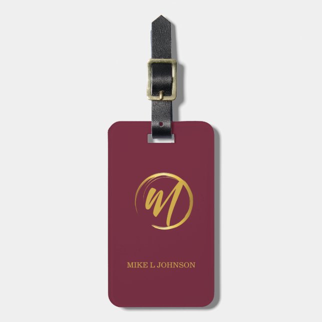 Elegant Burgundy Monogram Luggage Tag (Front Vertical)