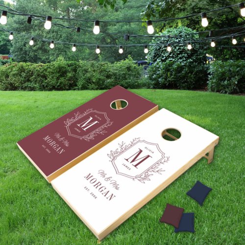 Elegant Burgundy Monogram Mr and Mrs Wedding Cornhole Set