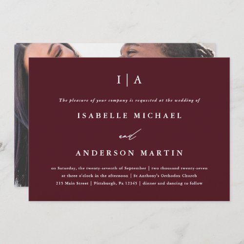 Elegant Burgundy Monogram Photo Wedding Invitation