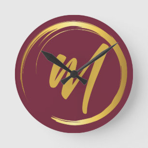 Elegant Burgundy Monogram Round Clock