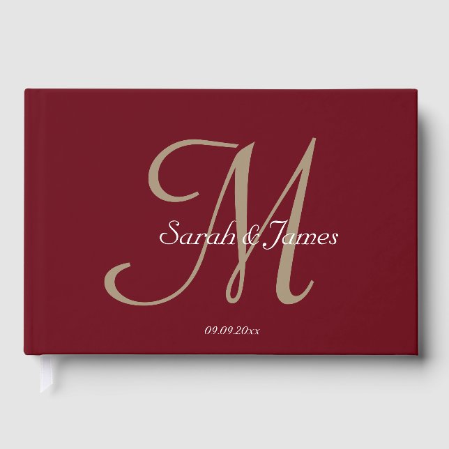 Elegant Burgundy Monogram Script Wedding Party Foil Guest Book (Front)