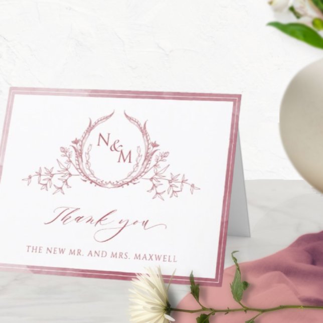 Elegant Burgundy Monogram, Watercolor Wedding Thank You Card (Creator Uploaded)