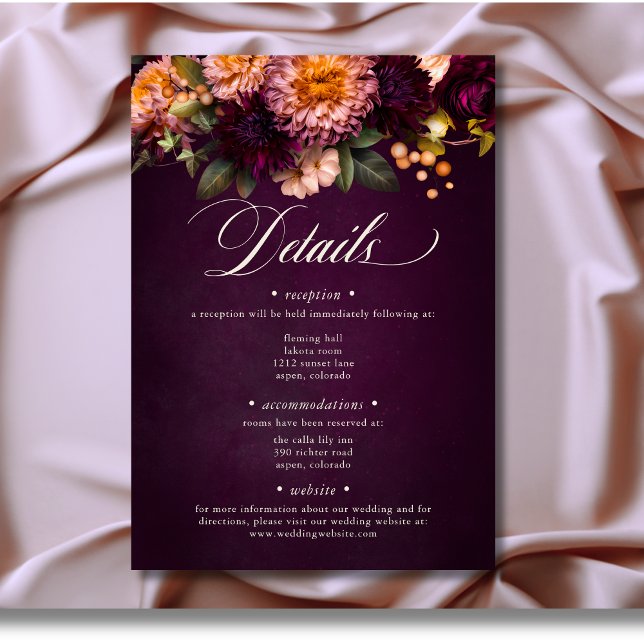 Elegant Burgundy Moody Floral Script Wedding Enclosure Card (Elegant Burgundy Moody Floral Script Wedding Details Enclosure Card)