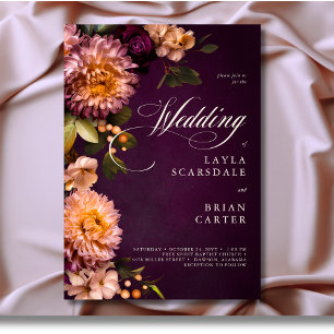 Elegant Burgundy Moody Floral Script Wedding Invitation