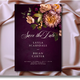 Elegant Burgundy Moody Floral Script Wedding Save The Date