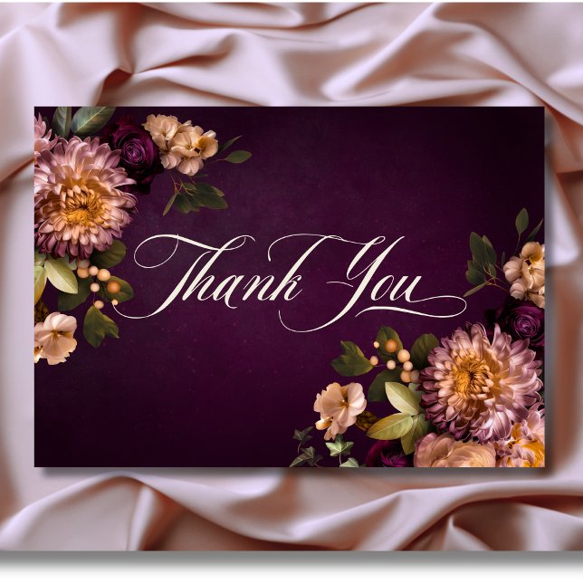 Elegant Burgundy Moody Floral Script Wedding Thank You Card (Elegant Burgundy Moody Floral Script Wedding Thank You Card)