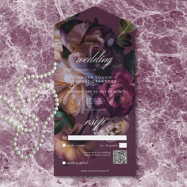 Elegant Burgundy Moody Floral Wedding QR Code All In One Invitation (Creator Uploaded)