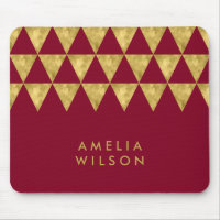 Elegant Burgundy Name Faux Gold Triangle Pattern Mouse Pad