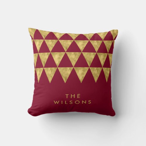 Elegant Burgundy Name Faux Gold Triangle Pattern Throw Pillow