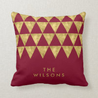 Elegant Burgundy Name Faux Gold Triangle Pattern Throw Pillow