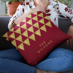 Elegant Burgundy Name Faux Gold Triangle Pattern Throw Pillow