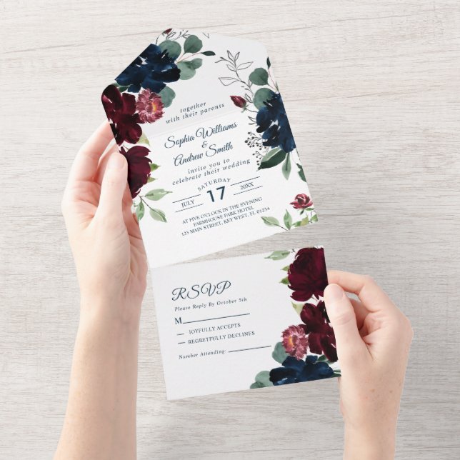 Elegant Burgundy & Navy All In One Invitation (Tearaway)