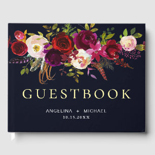 Elegant Burgundy Navy Blue Bohemian Floral Wedding Guest Book