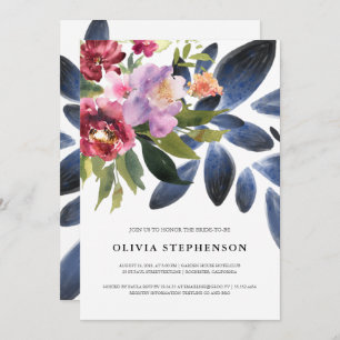 Elegant Burgundy Navy Blue Botanical Bridal Shower Invitation
