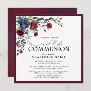 Elegant Burgundy Navy Blue First Holy Communion Invitation