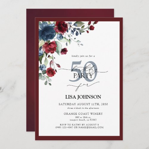 Elegant Burgundy  Navy Blue Floral 50th Birthday Invitation