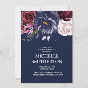 Elegant Burgundy Navy Blue Floral 60th Birthday Invitation