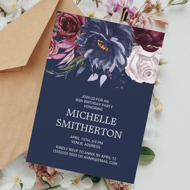 Elegant Burgundy Navy Blue Floral 80th Birthday Invitation (Purple, navy blue, and white floral birthday invitation)