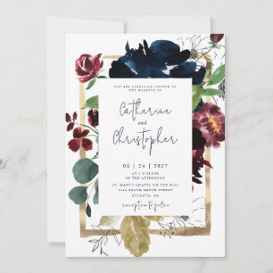 Elegant Burgundy Navy Blue Floral Garden Wedding Invitation