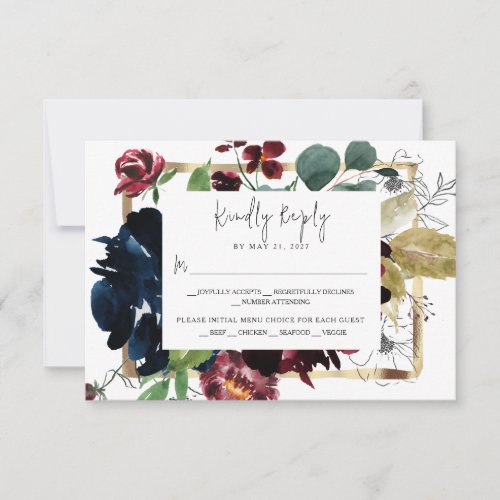 Elegant Burgundy Navy Blue Floral Garden Wedding RSVP Card