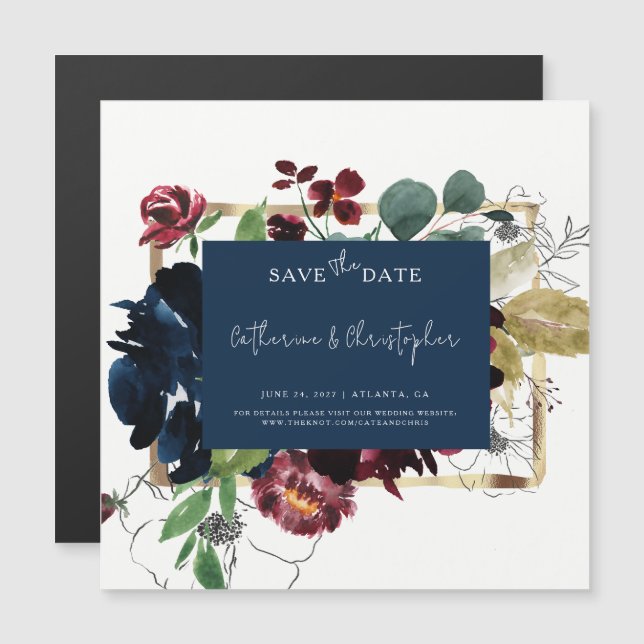 Elegant Burgundy Navy Blue Floral Garden Wedding S Magnetic Invitation (Front/Back)
