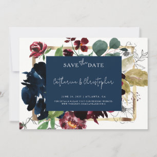 Elegant Burgundy Navy Blue Floral Garden Wedding Save The Date