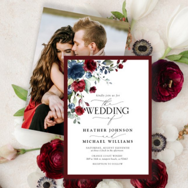 Elegant Burgundy Navy Blue Floral Watercolor Photo Invitation (Creator Uploaded)