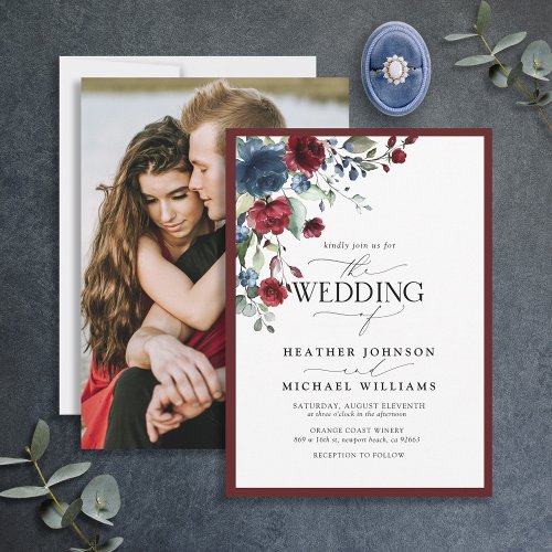 Elegant Burgundy Navy Blue Floral Watercolor Photo Invitation