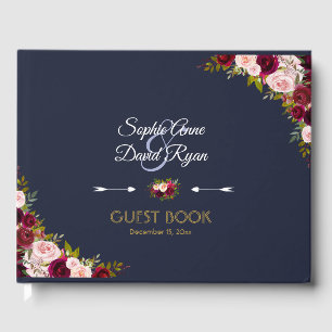 Elegant Burgundy Navy Blue Floral Wedding Guest Book