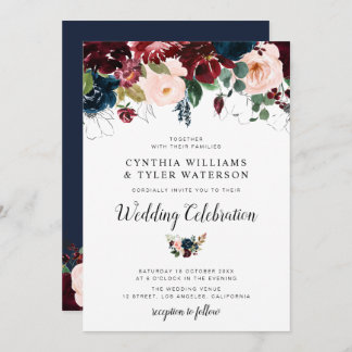 Elegant burgundy & Navy blue floral wedding Invitation