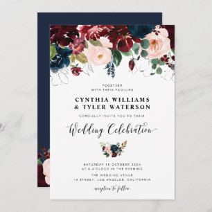 Elegant burgundy & Navy blue floral wedding Invitation