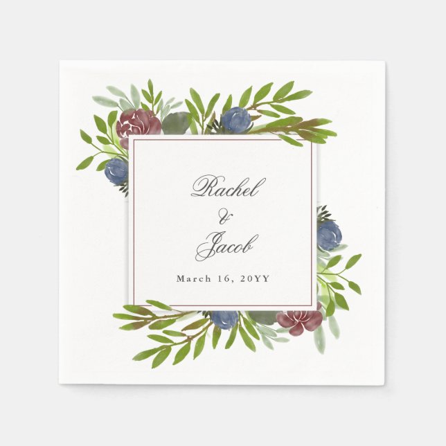 Elegant Burgundy Navy Blue Floral Wedding Napkins (Front)