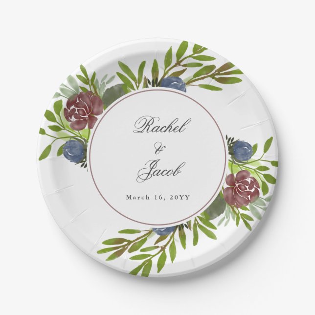 Elegant Burgundy Navy Blue Floral Wedding Paper Plates (Front)