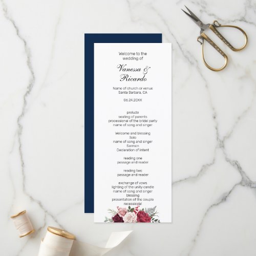 Elegant burgundy Navy Blue Floral Wedding program