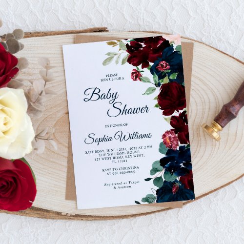Elegant Burgundy  Navy Blue Flowers Baby Shower Invitation