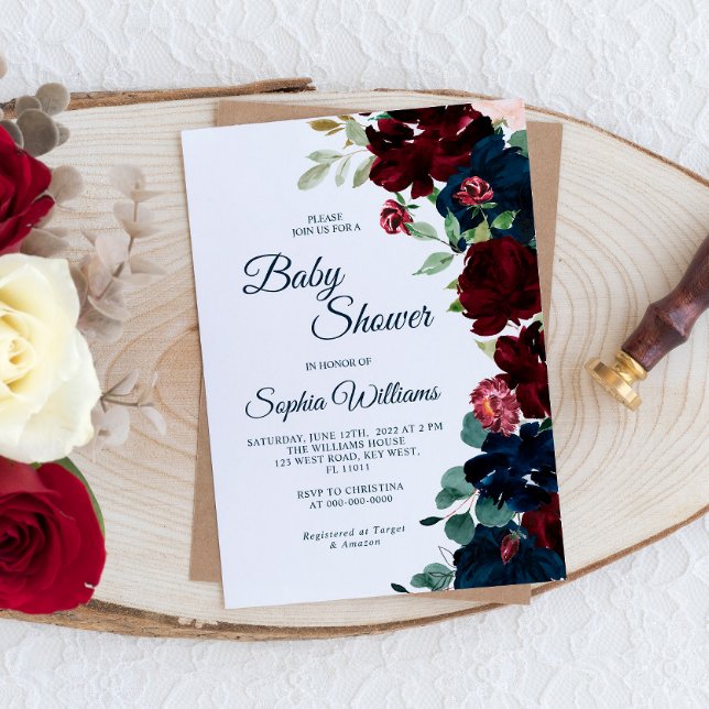 Elegant Burgundy & Navy Blue Flowers Baby Shower Invitation (Creator Uploaded)