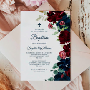 Elegant Burgundy & Navy Blue Flowers Baptism Invitation