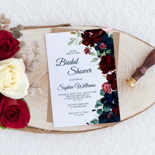 Elegant Burgundy  Navy Blue Flowers Bridal Shower Invitation